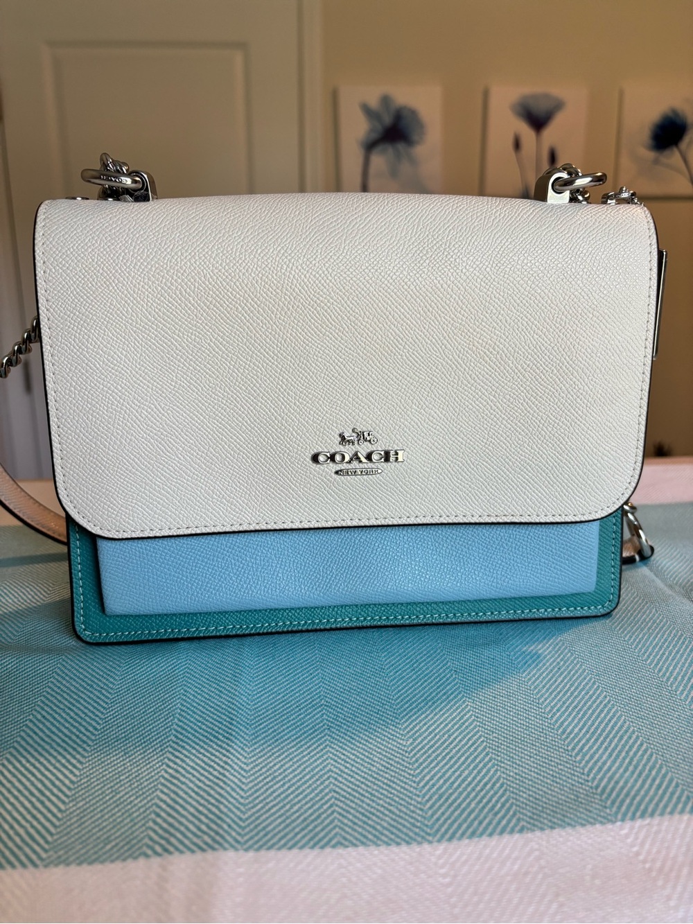 Coach Klare Colorblock Leather Crossbody Shoulder Bag White Blue Teal Silver